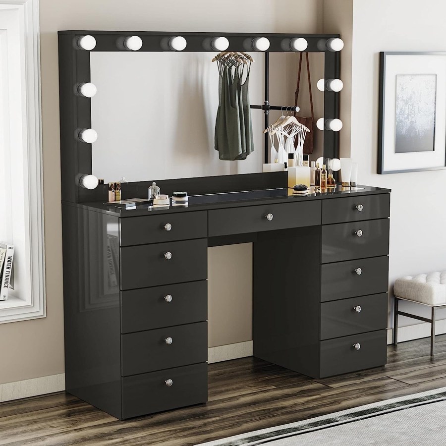 Bàn Trang Điểm Gỗ Tự Nhiên 11 Ngăn Đen Có Gương Đèn LED Bàn Trang Điểm Gỗ Tự Nhiên 11 Ngăn Đen Có Gương Đèn LED