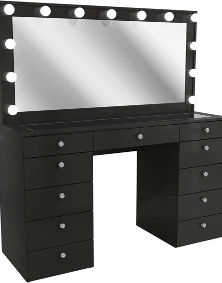 Bàn Trang Điểm Gỗ Tự Nhiên 11 Ngăn Đen Có Gương Đèn LED Bàn Trang Điểm Gỗ Tự Nhiên 11 Ngăn Đen Có Gương Đèn LED