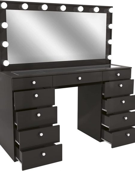 Bàn Trang Điểm Gỗ Tự Nhiên 11 Ngăn Đen Có Gương Đèn LED Bàn Trang Điểm Gỗ Tự Nhiên 11 Ngăn Đen Có Gương Đèn LED