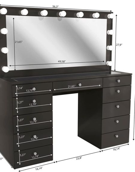 Bàn Trang Điểm Gỗ Tự Nhiên 11 Ngăn Đen Có Gương Đèn LED Bàn Trang Điểm Gỗ Tự Nhiên 11 Ngăn Đen Có Gương Đèn LED