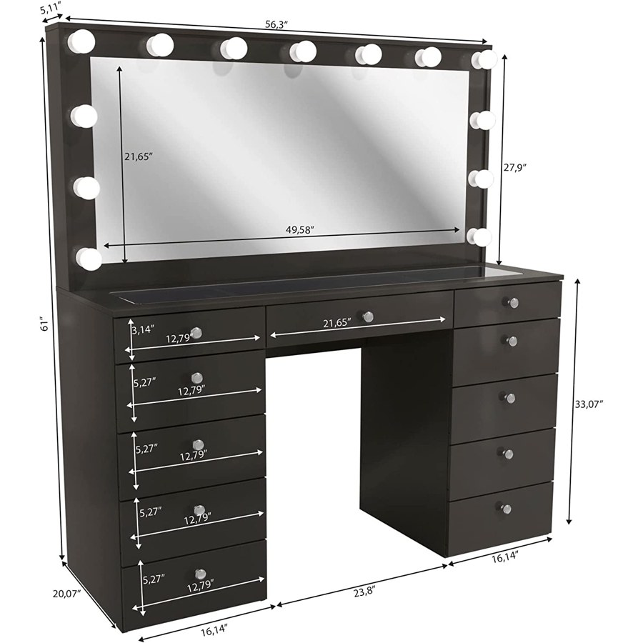 Bàn Trang Điểm Gỗ Tự Nhiên 11 Ngăn Đen Có Gương Đèn LED Bàn Trang Điểm Gỗ Tự Nhiên 11 Ngăn Đen Có Gương Đèn LED