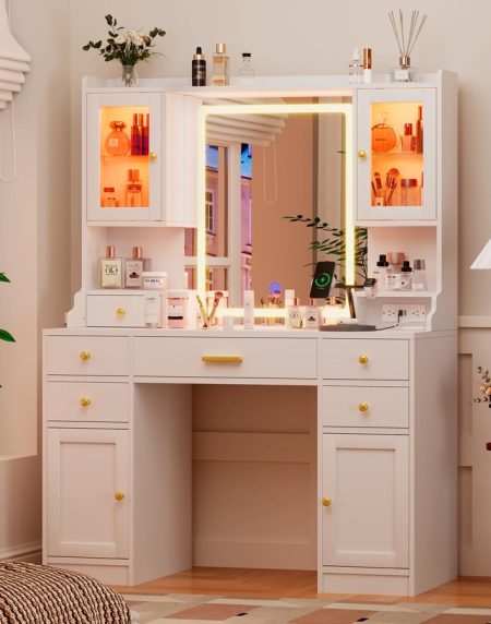 Bàn Trang Điểm Gỗ Tự Nhiên Có Gương Đèn RGB