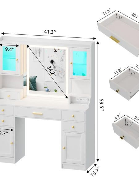 Bàn Trang Điểm Gỗ Tự Nhiên Có Gương Đèn RGB