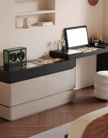 Bàn Trang Điểm Gỗ Tự Nhiên Đa Năng Có Gương Đèn LED