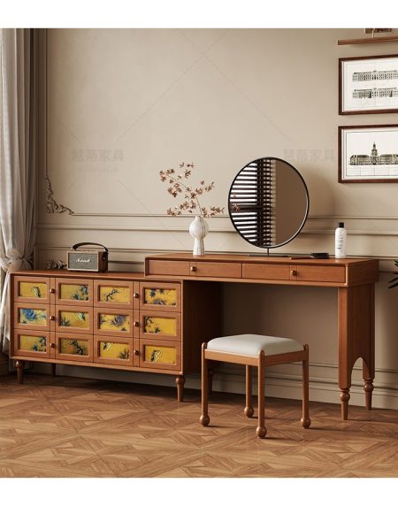 Bàn Trang Điểm Gỗ Tự Nhiên Phong Cách Vintage Có Gương Đứng