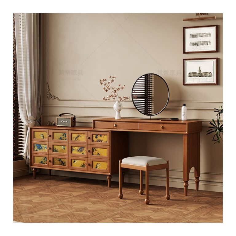 Bàn Trang Điểm Gỗ Tự Nhiên Phong Cách Vintage Có Gương Đứng