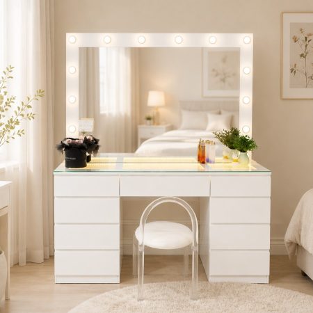Bàn Trang Điểm Gỗ Với Gương LED Hiện Đại