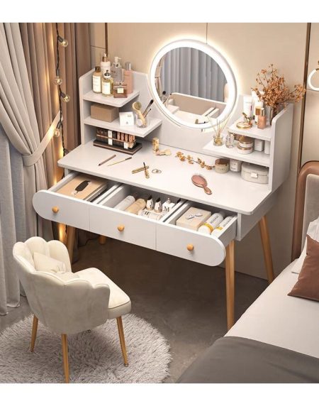 Bàn Trang Điểm Hiện Đại Gỗ Tự Nhiên Có Gương Đèn