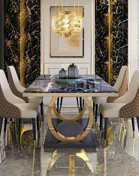 Bộ Bàn Ăn Đá Marble Hiện Đại Chân Kim Loại