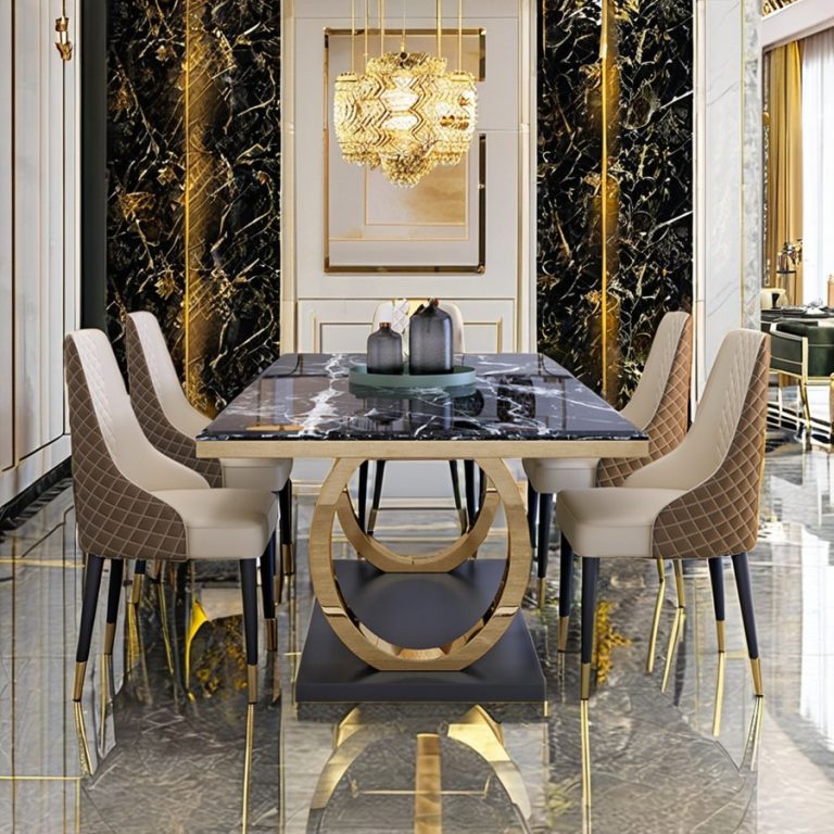 Bộ Bàn Ăn Đá Marble Hiện Đại Chân Kim Loại