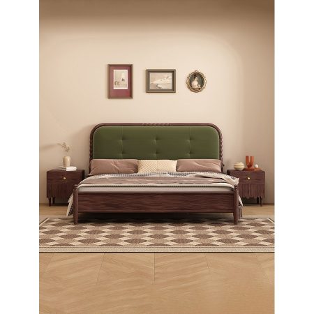 Giường Ngủ Gỗ Cao Su Đầu Giường Bọc Nỉ Xanh Đậm