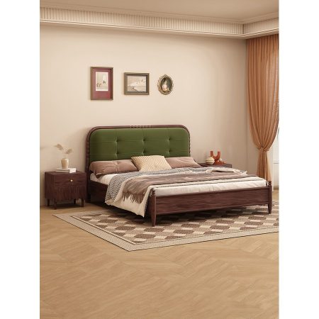 Giường Ngủ Gỗ Cao Su Đầu Giường Bọc Nỉ Xanh Đậm