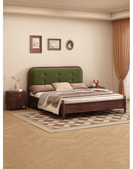 Giường Ngủ Gỗ Cao Su Đầu Giường Bọc Nỉ Xanh Đậm