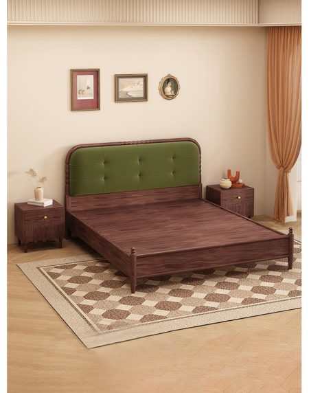 Giường Ngủ Gỗ Cao Su Đầu Giường Bọc Nỉ Xanh Đậm