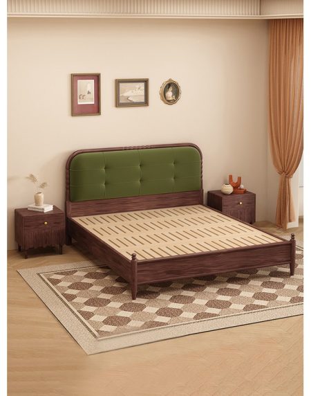 Giường Ngủ Gỗ Cao Su Đầu Giường Bọc Nỉ Xanh Đậm