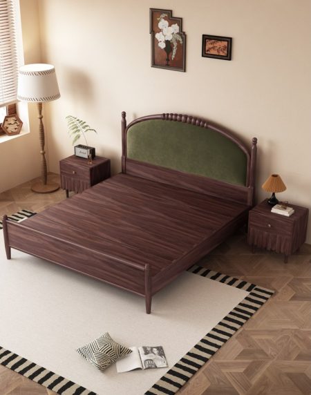Giường Ngủ Gỗ Tự Nhiên Bọc Nhung Xanh Cổ Điển