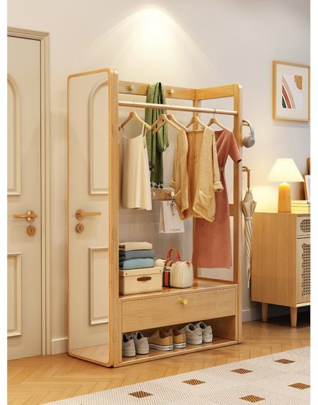 Kệ Treo Quần Áo Gỗ Tự Nhiên Có Gương Tiết Kiệm Không Gian